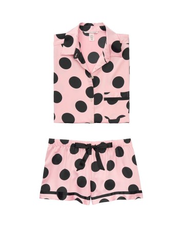 Сатинова піжама Victoria's Secret Satin PJ Set Short PINK/BLACK DOT